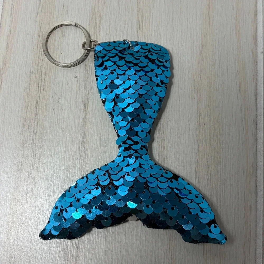 Mermaid Tail Keychain Blue Silver Reversible Flip Sequin Bag Charm Aquamarine